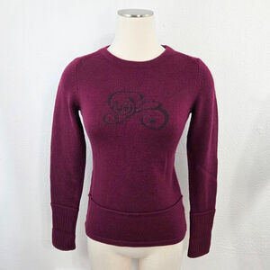 Ibex wool sweater burgundy dark red floral flourish crew neck women's size XS